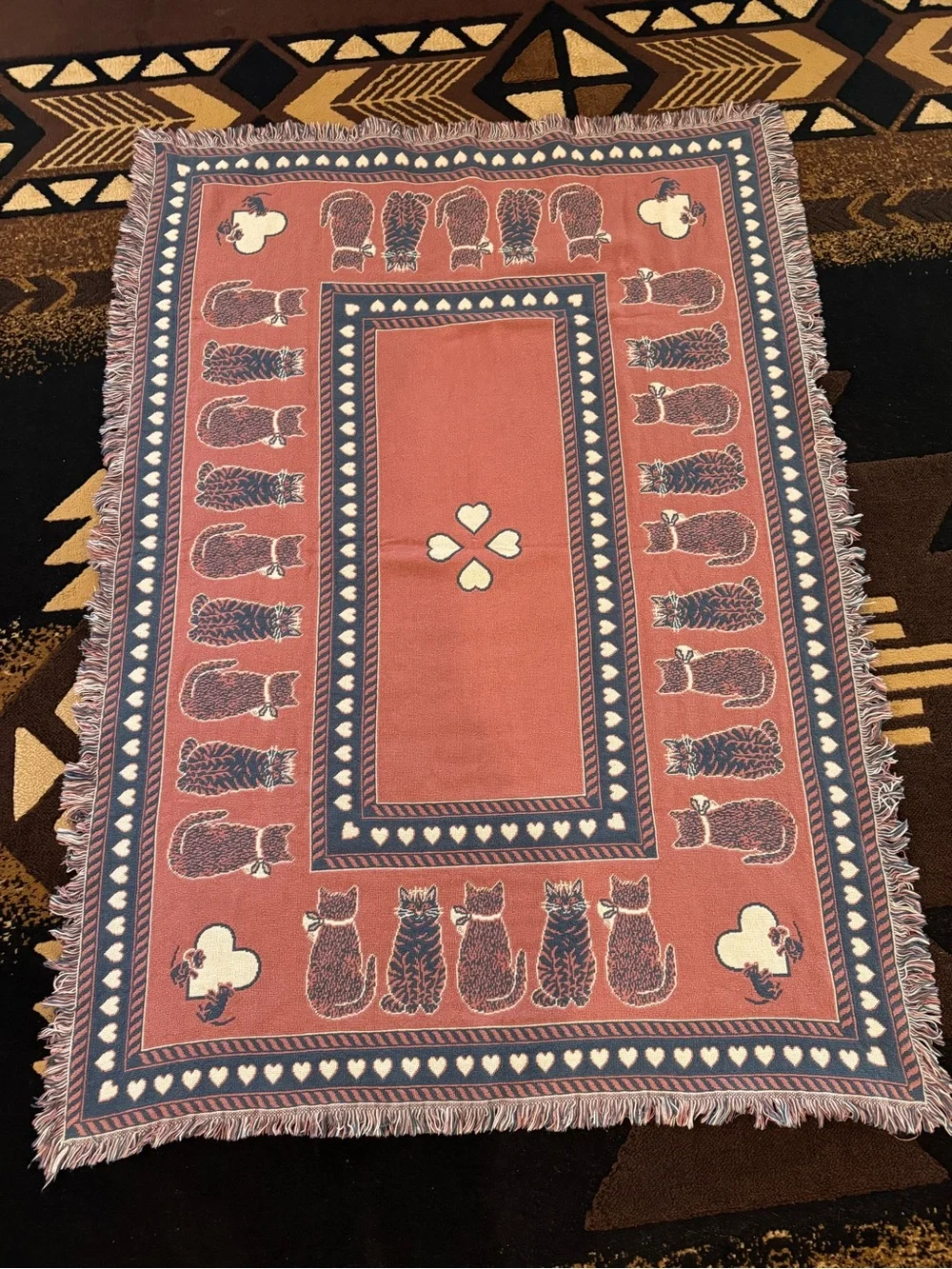 Vintage reversible cat/heart woven throw blanket
